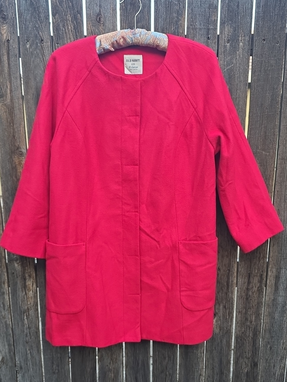 Old Navy Bright Red Collarless Coat Wool Blend Nautical Blue Stripe Lining XL